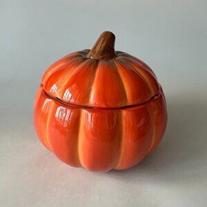 FTD 6 1/2 inch Orange Ceramic Fall Halloween Pumpkin Cookie Jar Decoration